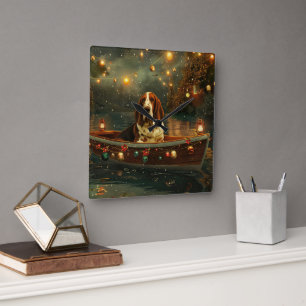 Horloge Carrée Voyage de fête de Noël du Basset Hound