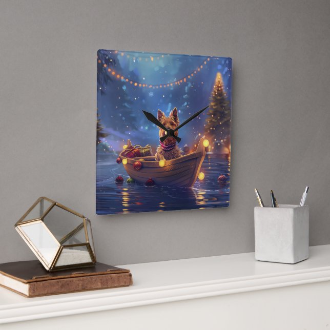 Horloge Carrée Voyage de Noël de Terrier australien (Bureau)