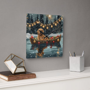 Horloge Carrée Voyage de Noël festif du Golden Retriever