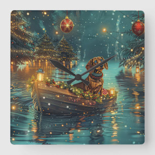 Horloge Carrée Voyage de Noël festif du teckel