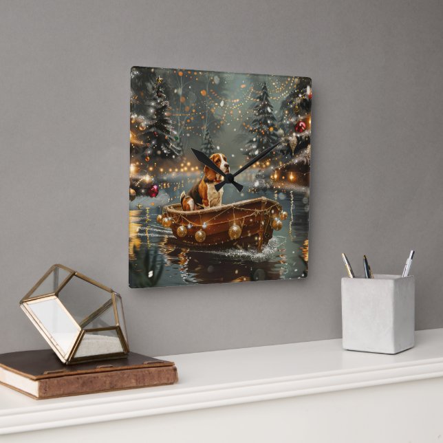 Horloge Carrée Voyage festif de Noël beagle (Bureau)