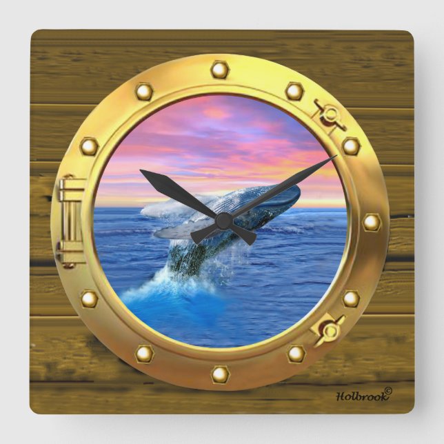 Horloge Carrée Vue de hublot d'une baleine de violation (Recto)