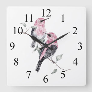 Horloge Carrée Watercolor Colorful Pink and Black Birds on Branch