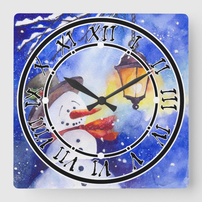 Horloge Carrée Watercolor snowman Merry Christmas (Recto)