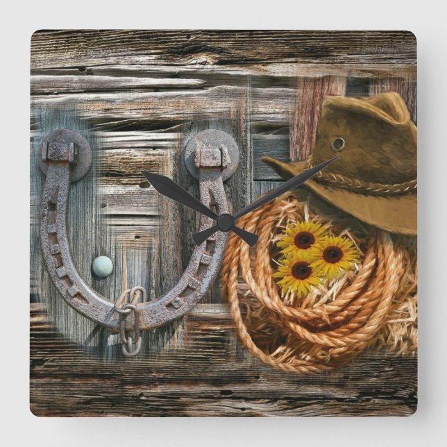 Horloge Carrée Western Horseshoe Cowboy Hat Lasso (Recto)