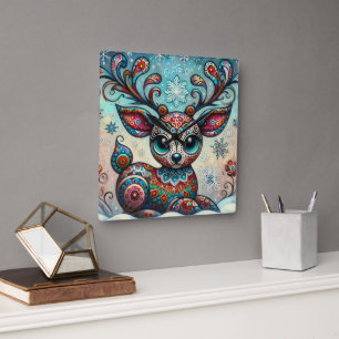 Horloge Carrée Whimsical Big Eyes Christmas Reindeer Folk Art