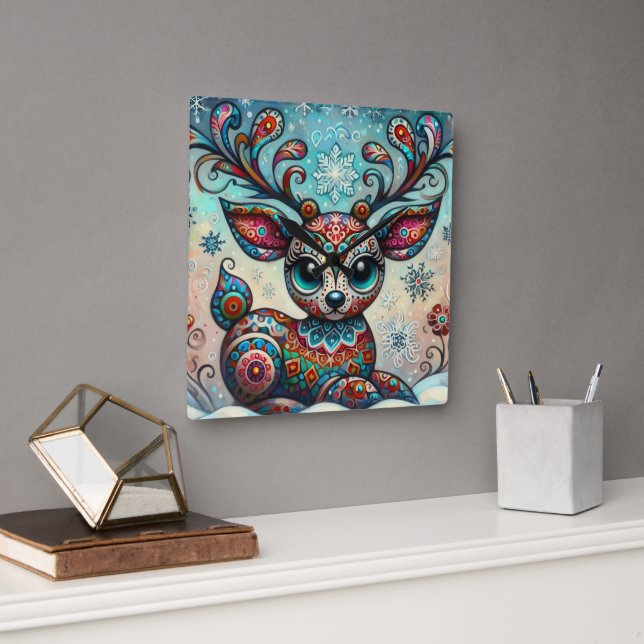 Horloge Carrée Whimsical Big Eyes Christmas Reindeer Folk Art (Bureau)