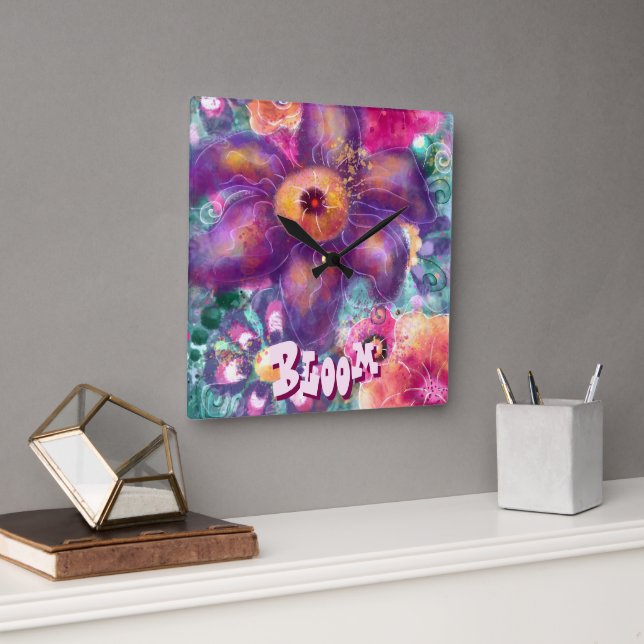Horloge Carrée Whimsical Floral Abstract Art Teal Personalized  (Bureau)