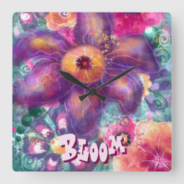 Horloge Carrée Whimsical Floral Abstract Art Teal Personalized 