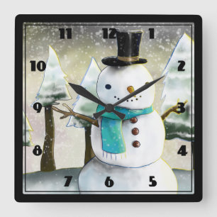 Horloge Carrée Whimsical Snowman Winter Scene Christmas Drawing