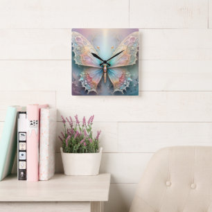Horloge Carrée Whispers of Color : Pastel Fractal Butterfly Dream
