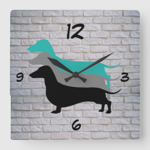 Horloge Carrée White Faux Brick Dachshund Silhouette Wall Clock