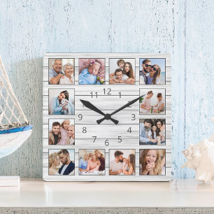 Horloge Carrée White Grey Bois Custom Photo Collage Élégant