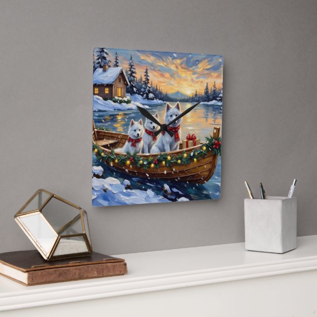 Horloge Carrée White Samoyed Christmas Boat Holiday (Bureau)