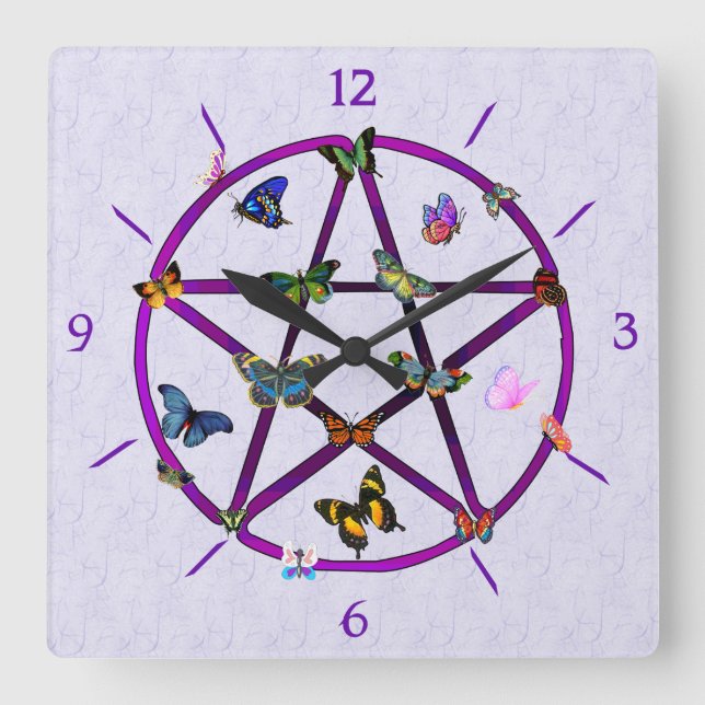 Horloge Carrée Wiccan Star et Butterflies (Recto)