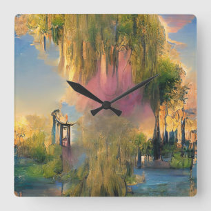 Horloge Carrée Willow tree of the future au coucher du soleil