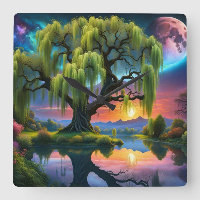 Horloge Carrée Willow tree under Pleine lune N Starry ciel Sunset (Recto)