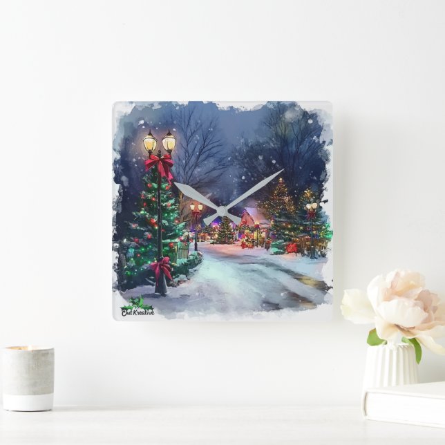 Horloge Carrée Winter Wonderland Christmas Village Wall Clock  (Maison)