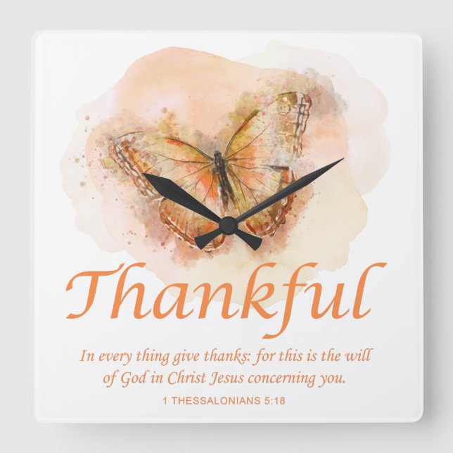 Horloge Carrée Women's Christian Butterfly Bible Vers : Thankful  (Recto)