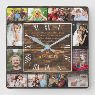 Horloge Carrée Wooden 12 family photo collage roman numerals squ