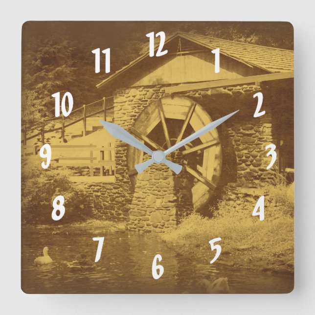 Horloge Carrée Wooden Water Wheel And Duck Pond In Sepia (Recto)