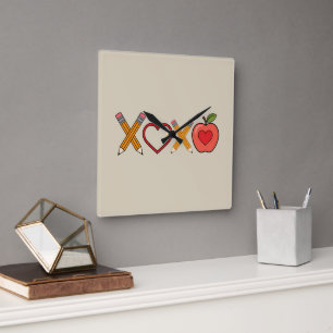 Horloge Carrée XOXO Professeur Saint-Valentin Crayon Et Pomme 