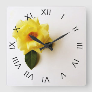 Horloge Carrée Yellow Rose On White Black Roman Number Wall Clock