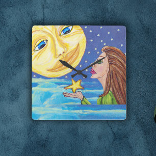 Horloge Carrée Yellow Souriant Lune Face Stars Imaginaire Femme