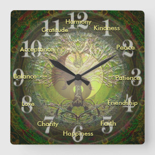 Horloge Carrée Yin vert Yang avec des mots positifs