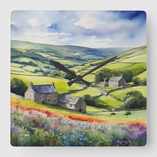 Horloge Carrée "Yorkshire Meadowsong" Paysage Yorkshire Dales (Recto)