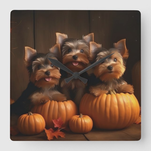 Horloge Carrée Yorkshire Terrier Chiot Automne Citrouille délice (Recto)