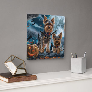 Horloge Carrée Yorkshire Terrier Halloween Épouvantable
