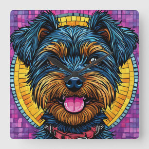 Horloge Carrée Yorkshire Terrier heureux en style mosaïque