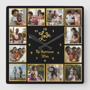 Horloge Carrée Your Own 12 Photo Collage Love Gold Black