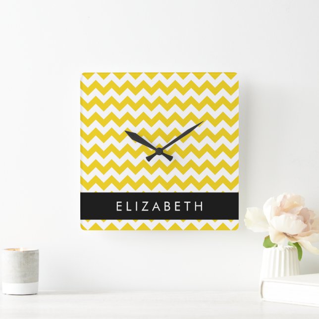 Horloge Carrée Zigzag Jaune, Chevron Jaune, Votre Nom (Maison)