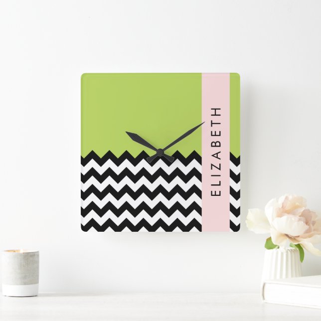 Horloge Carrée Zigzag noir et blanc, Chevron, Vert, Votre nom (Maison)