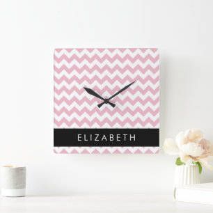 Horloge Carrée Zigzag Rose, Chevron Rose, Motif Vague, Votre Nom