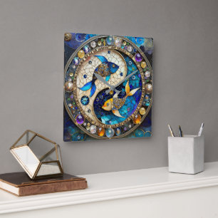 Horloge Carrée Zodiaque - Poissons Yin et Yang