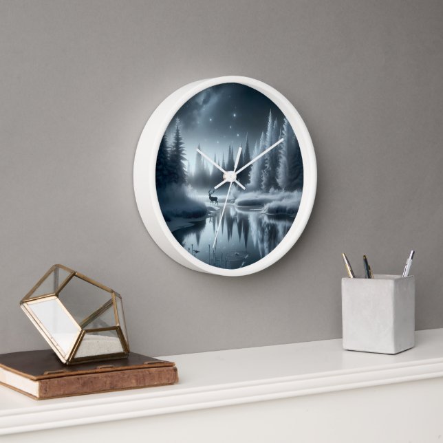 Horloge Cerf dans une rivière hivernale la nuit (Bureau)