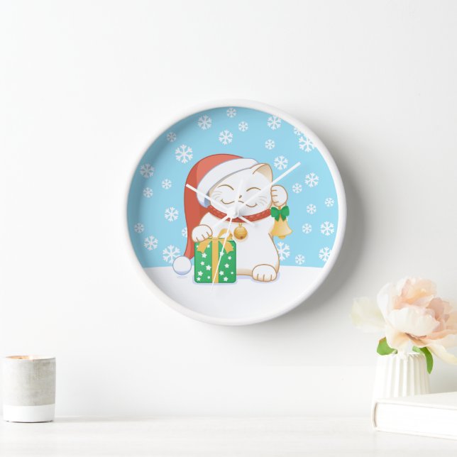 Horloge Chat de Noël blanc dans un Casquette rouge (Maison)
