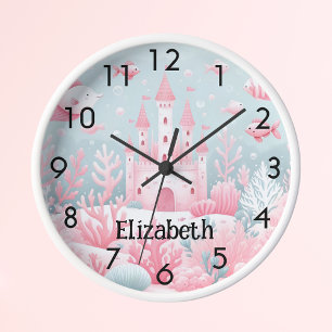 Horloge Château rose bleu poisson mer sous l'imaginaire