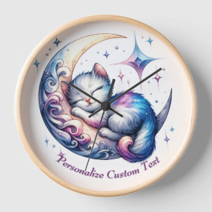 Horloge Chaton Mignon Personnalisé Dormant sur la Lune