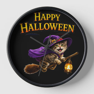 Horloge Chaton sorcière tigré joyeux Halloween décoration 