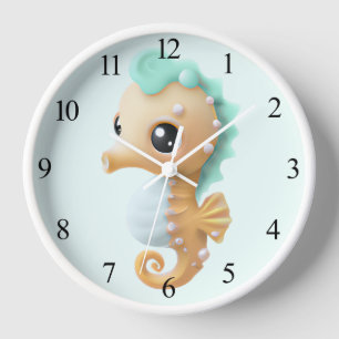 Horloge Cheval de mer bébé mignon en Turquoise et blanc