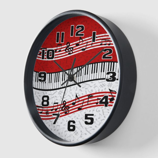 Horloge Clés et notes de piano noir rouge élégant Squar (Angle)