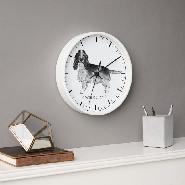 Horloge Cocker Spaniel En Noir Et Blanc & Texte Personnali (Bureau)