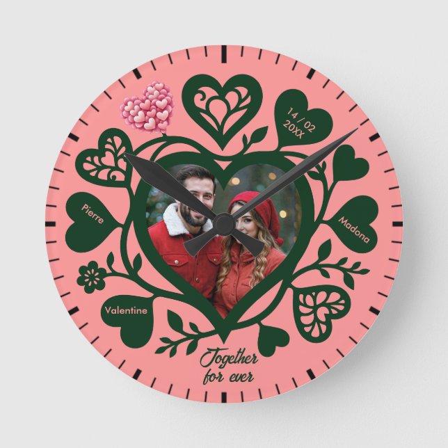 Horloge cœur photo personnalisée rose vert (Recto)