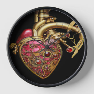 Horloge Cœur Steampunk Rubis et Engrenages Anatomiques