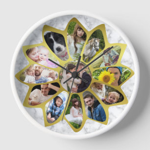 Horloge Collage de photos familiales Fleur Marbre et Gold 