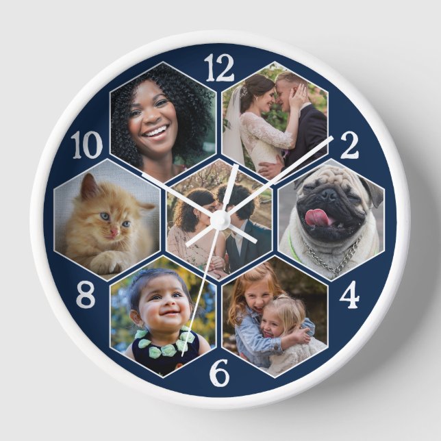 Horloge Collage photo de famille 7 Custom Navy Hexagon Flo (Recto)